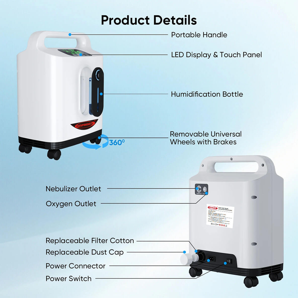 Concentrador de oxígeno portátil DEDAKJ de 2 a 9 L/min, 93 % de pureza, para uso personal, inhalador de oxígeno de flujo continuo con atomización para uso doméstico, con accesorios completos.