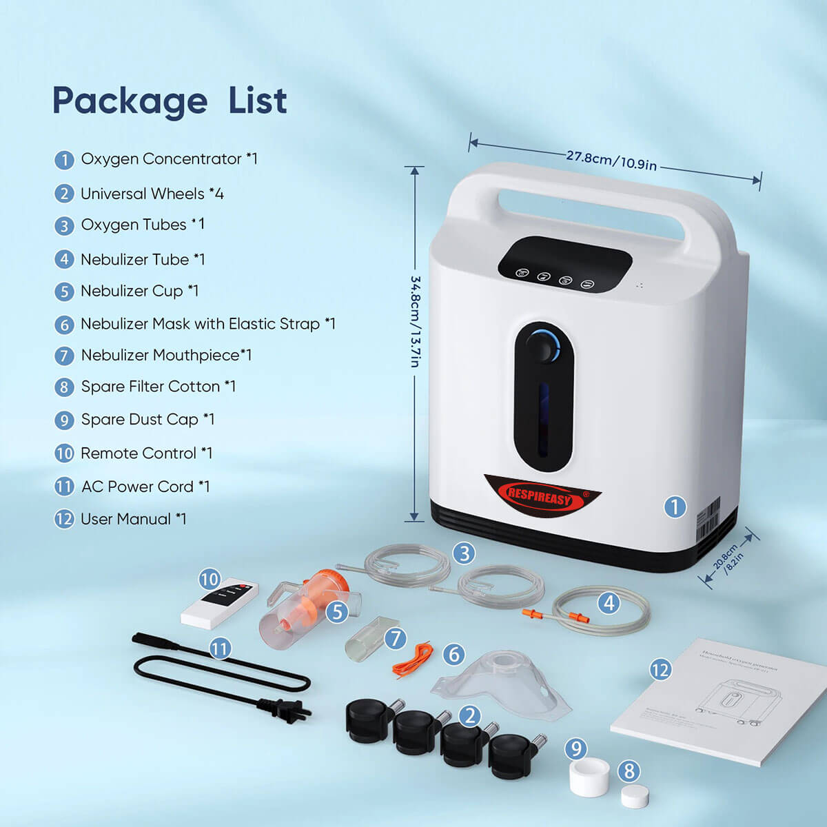 Concentrador de oxígeno portátil DEDAKJ de 2 a 9 L/min, 93 % de pureza, para uso personal, inhalador de oxígeno de flujo continuo con atomización para uso doméstico, con accesorios completos.