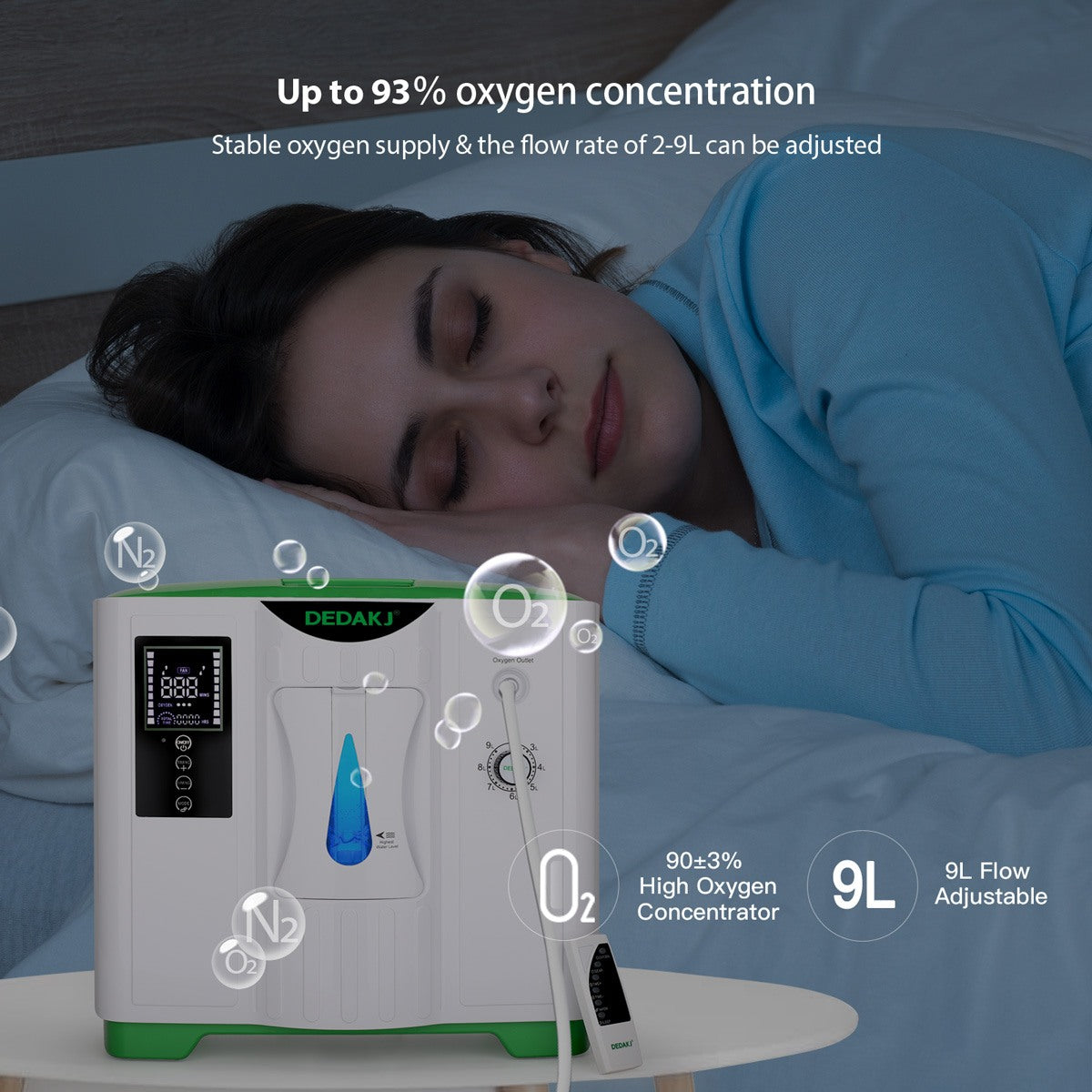 DEDAKJ 9 LPM Powerful Home Oxygen Concentrator 93% High Purity Portable Continuous Flow Rate Travel Oxygen Concentrator DE-2A