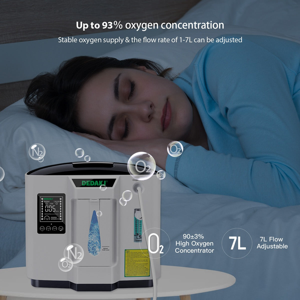 7 Liters 93% High Concentration Continuous Flow Home Oxygen Concentrator DEDAKJ Portable Oxygen Generator without Nebulizer Function 110V/220V DE-1A