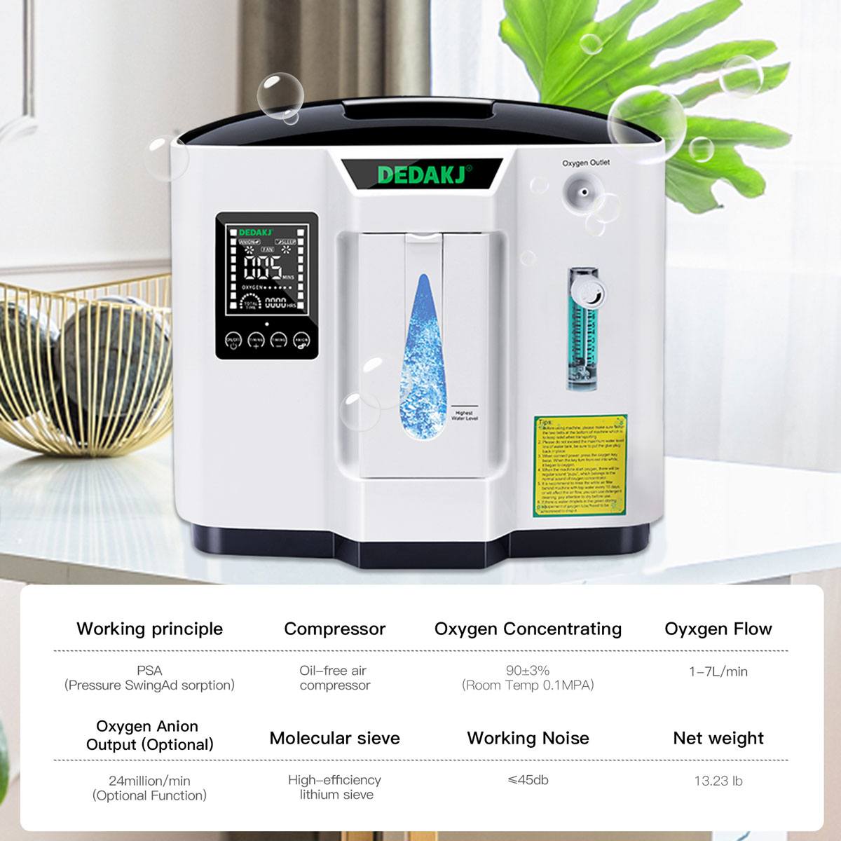 7 Liters 93% High Concentration Continuous Flow Home Oxygen Concentrator DEDAKJ Portable Oxygen Generator without Nebulizer Function 110V/220V DE-1A