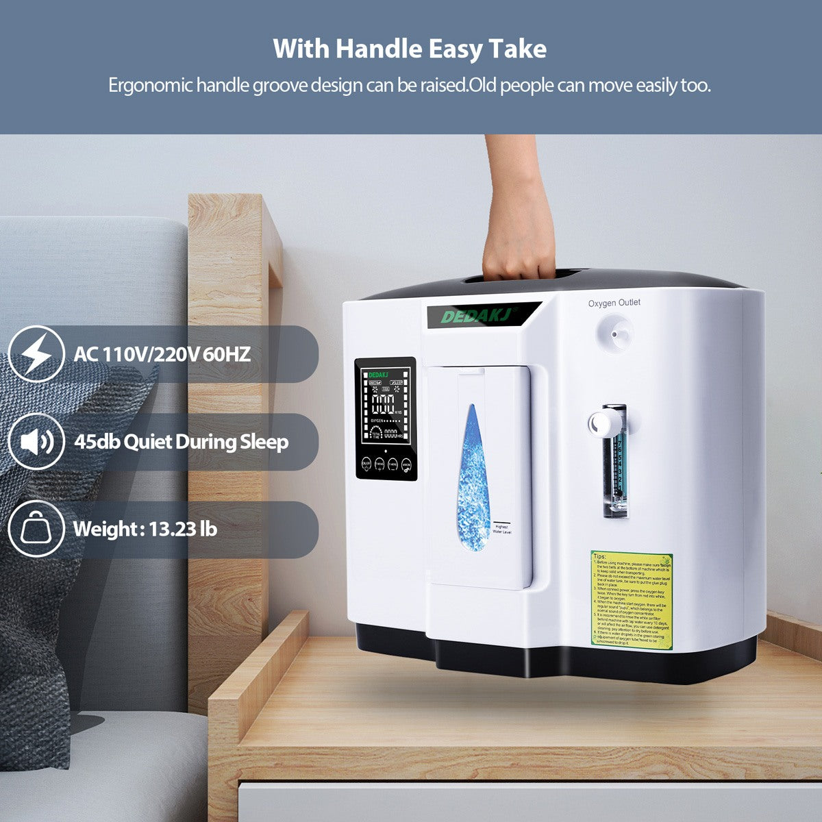 7 Liters 93% High Concentration Continuous Flow Home Oxygen Concentrator DEDAKJ Portable Oxygen Generator without Nebulizer Function 110V/220V DE-1A