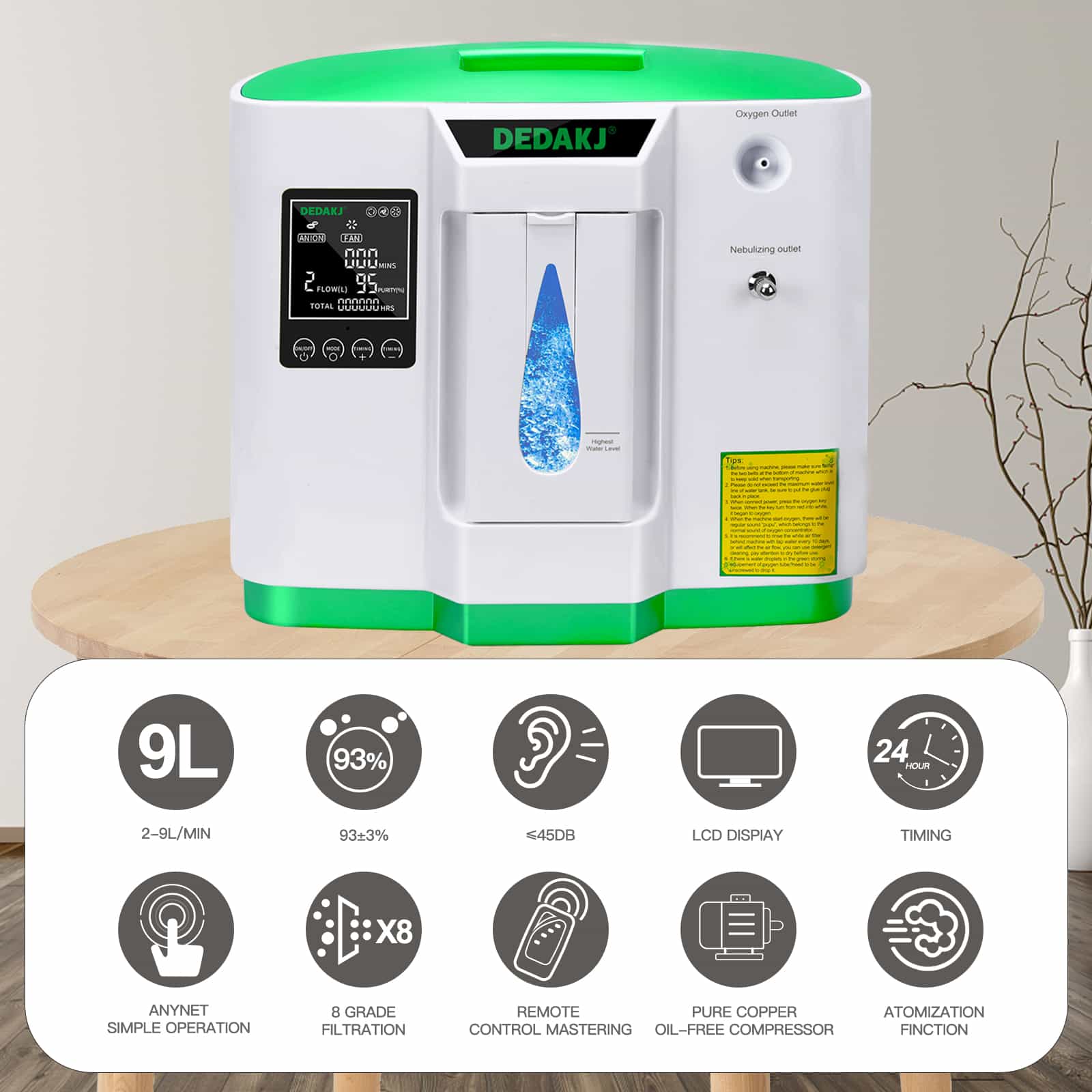 DEDAKJ 9liter continuous flow home oxygen concentrator DE-2AW
