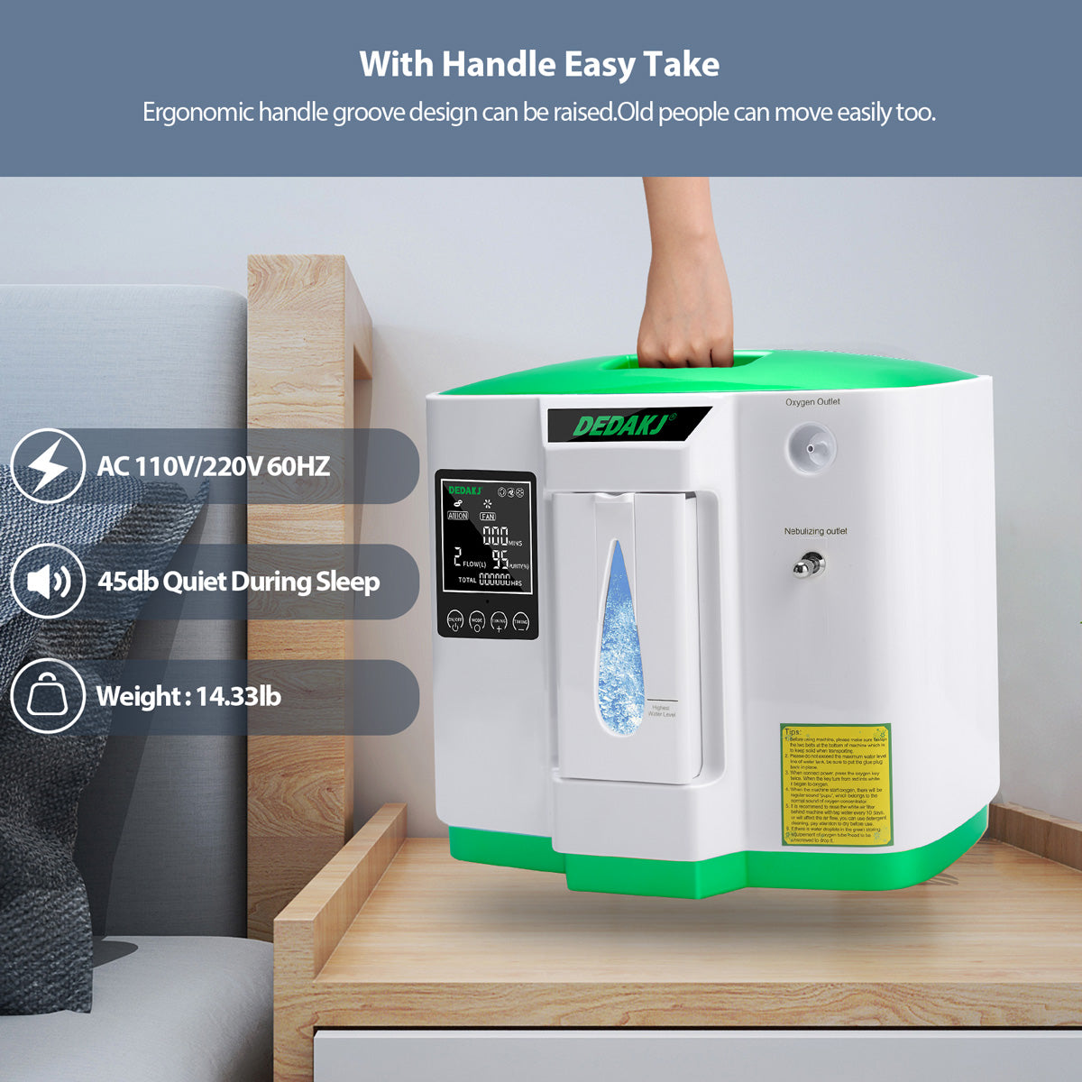 DEDAKJ 9liter continuous flow home oxygen concentrator DE-2AW