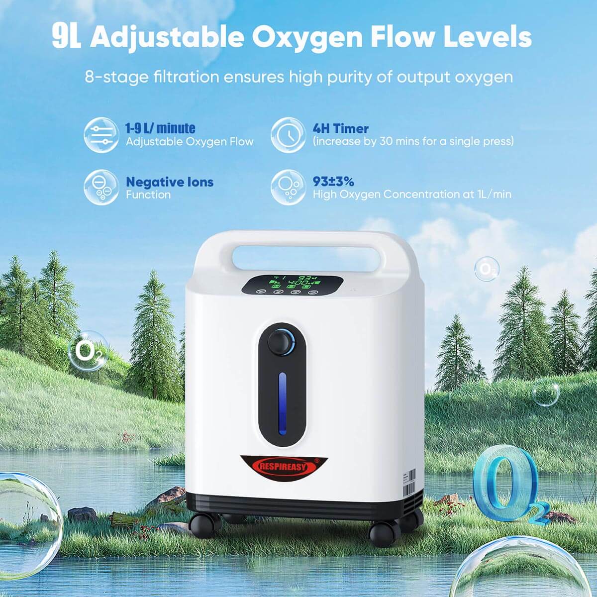 DEDAKJ Concentrador de oxígeno de flujo continuo de 9 litros 93% de concentración O2 Máquina de fabricación portátil para el cuidado personal de la respiración