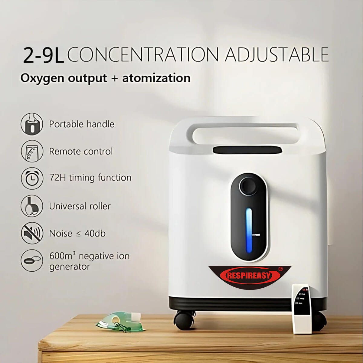 DEDAKJ Concentrador de oxígeno de flujo continuo de 9 litros 93% de concentración O2 Máquina de fabricación portátil para el cuidado personal de la respiración