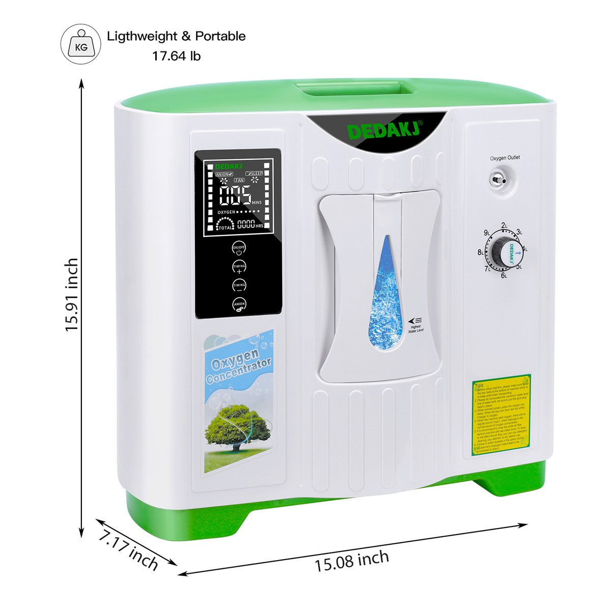 DEDAKJ 9 LPM Powerful Home Oxygen Concentrator 93% High Purity Portable Continuous Flow Rate Travel Oxygen Concentrator DE-2A