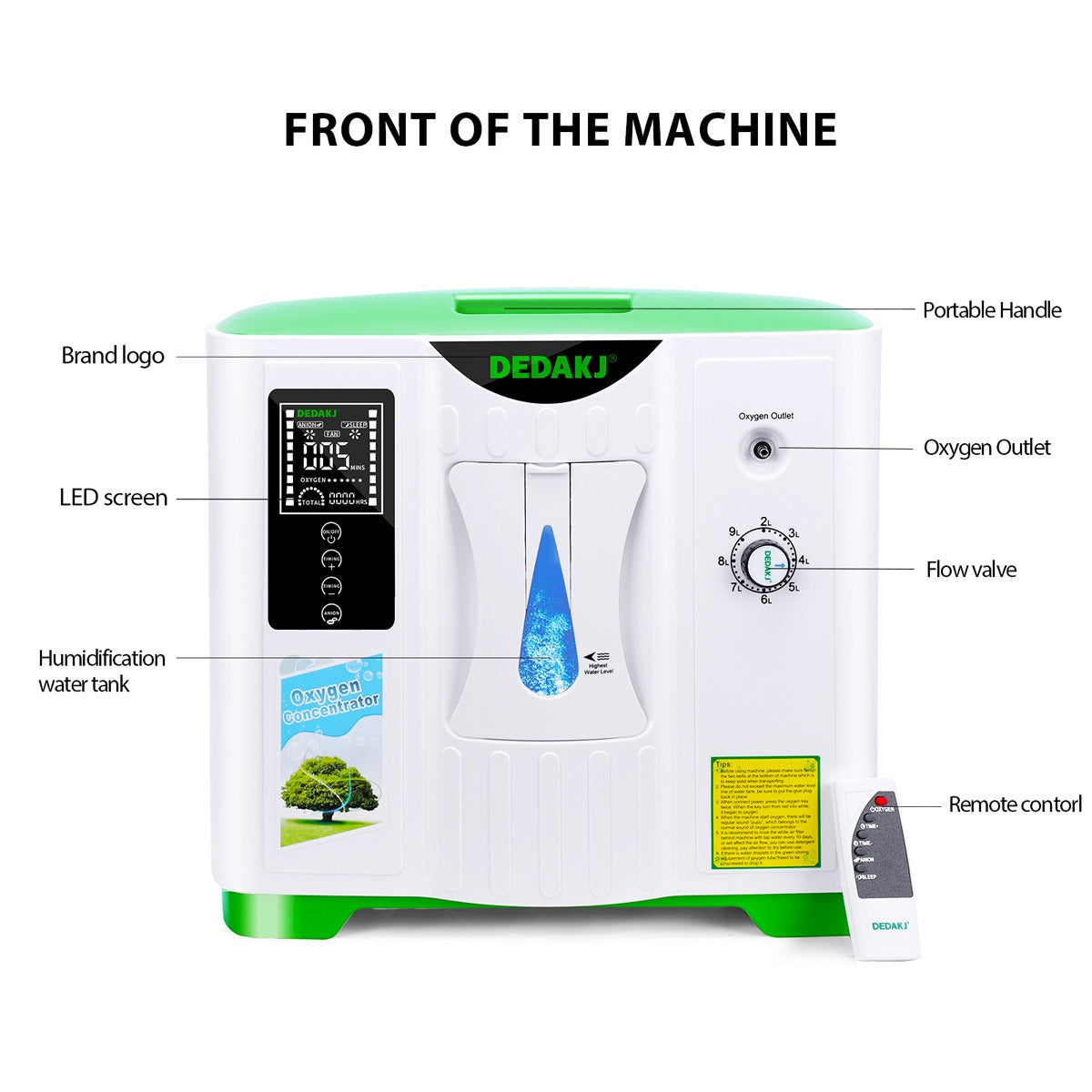 DEDAKJ 9 LPM Powerful Home Oxygen Concentrator 93% High Purity Portable Continuous Flow Rate Travel Oxygen Concentrator DE-2A