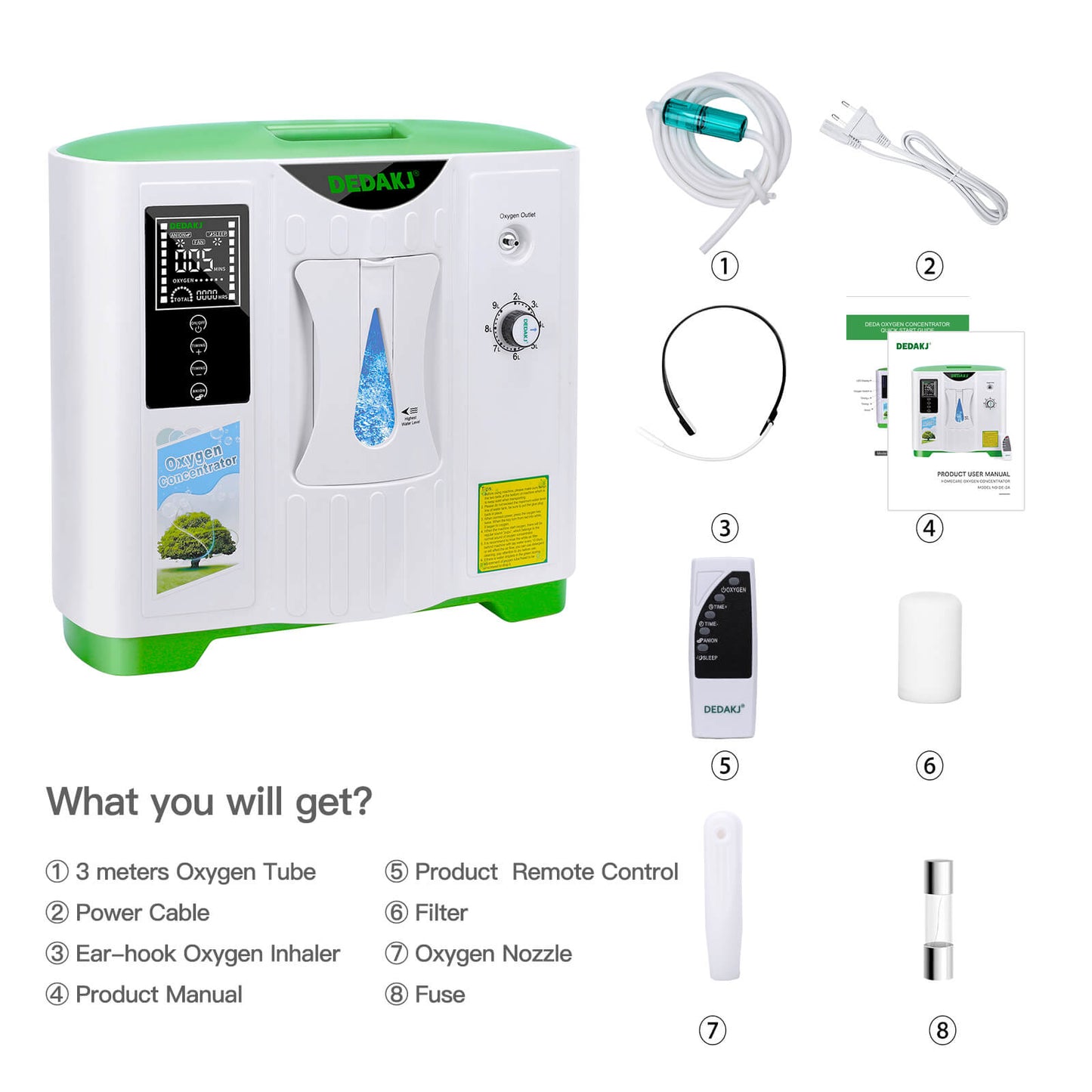 DEDAKJ 9 LPM Powerful Home Oxygen Concentrator 93% High Purity Portable Continuous Flow Rate Travel Oxygen Concentrator DE-2A