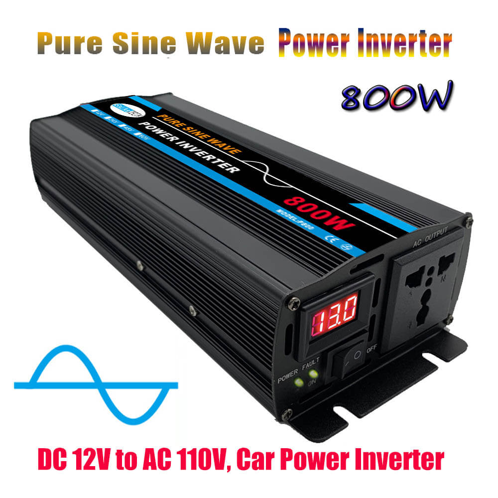 Inversor de potencia de coche-12V a 110V Convertidor de potencia de onda sinusoidal pura de 2000 vatios Compacto DC a CA Inversor de energía de coche Compatible con la máquina de oxígeno concentrador de oxígeno