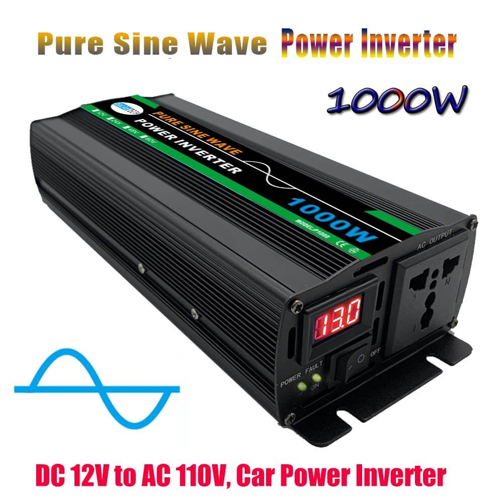 Inversor de potencia de coche-12V a 110V Convertidor de potencia de onda sinusoidal pura de 2000 vatios Compacto DC a CA Inversor de energía de coche Compatible con la máquina de oxígeno concentrador de oxígeno