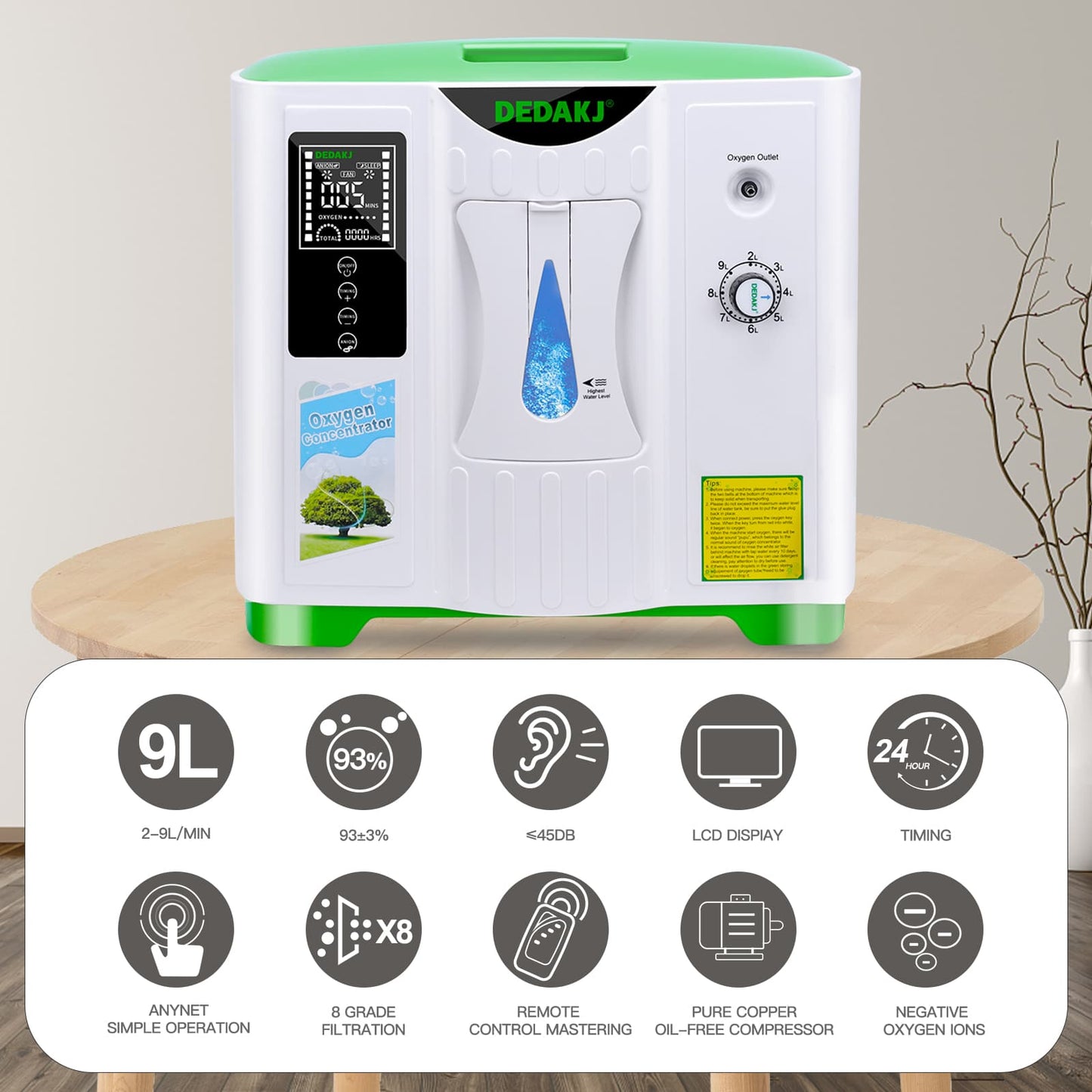 DEDAKJ 9 liter continuous flow home oxygen concentrator DE-2A