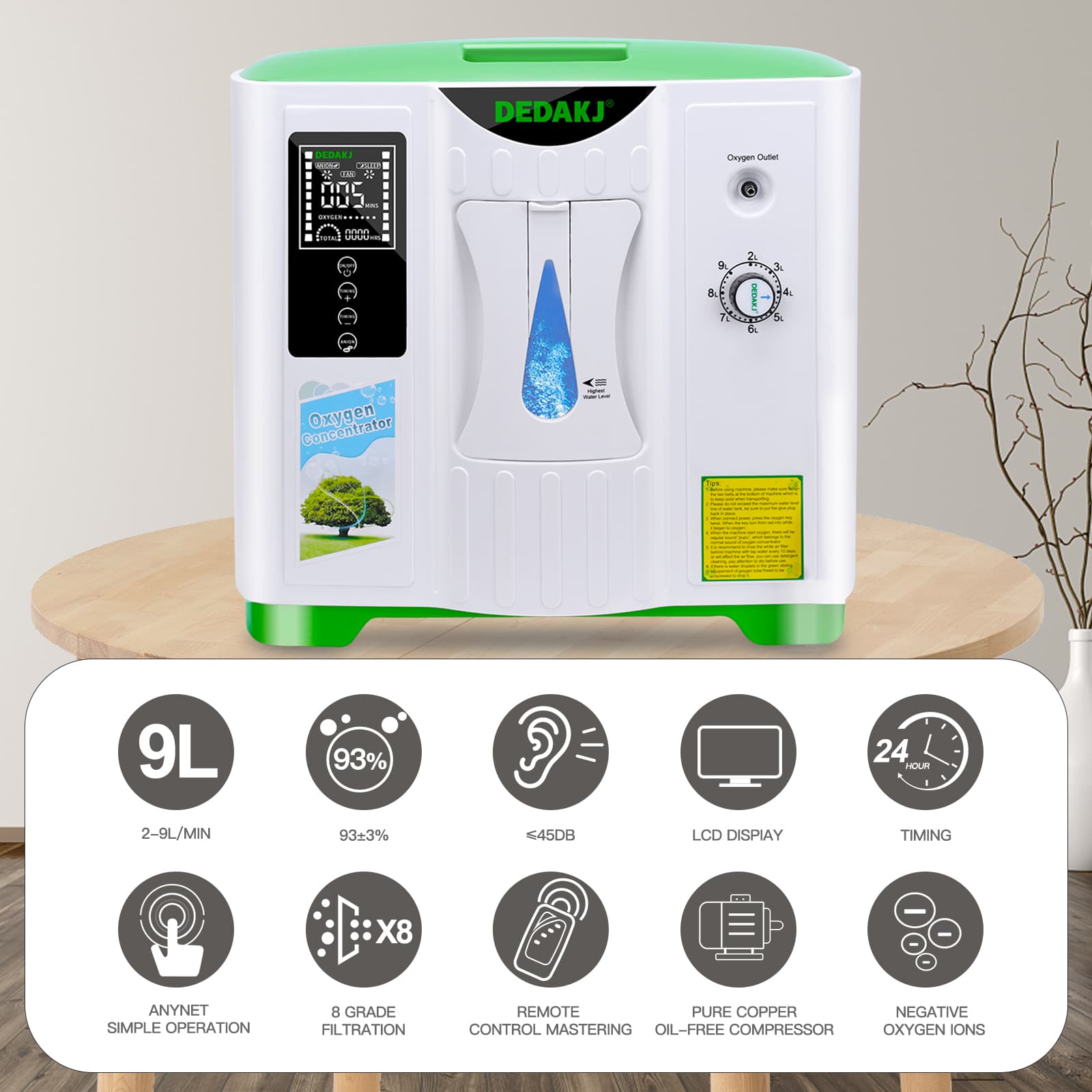 DEDAKJ 9 liter continuous flow home oxygen concentrator DE-2A