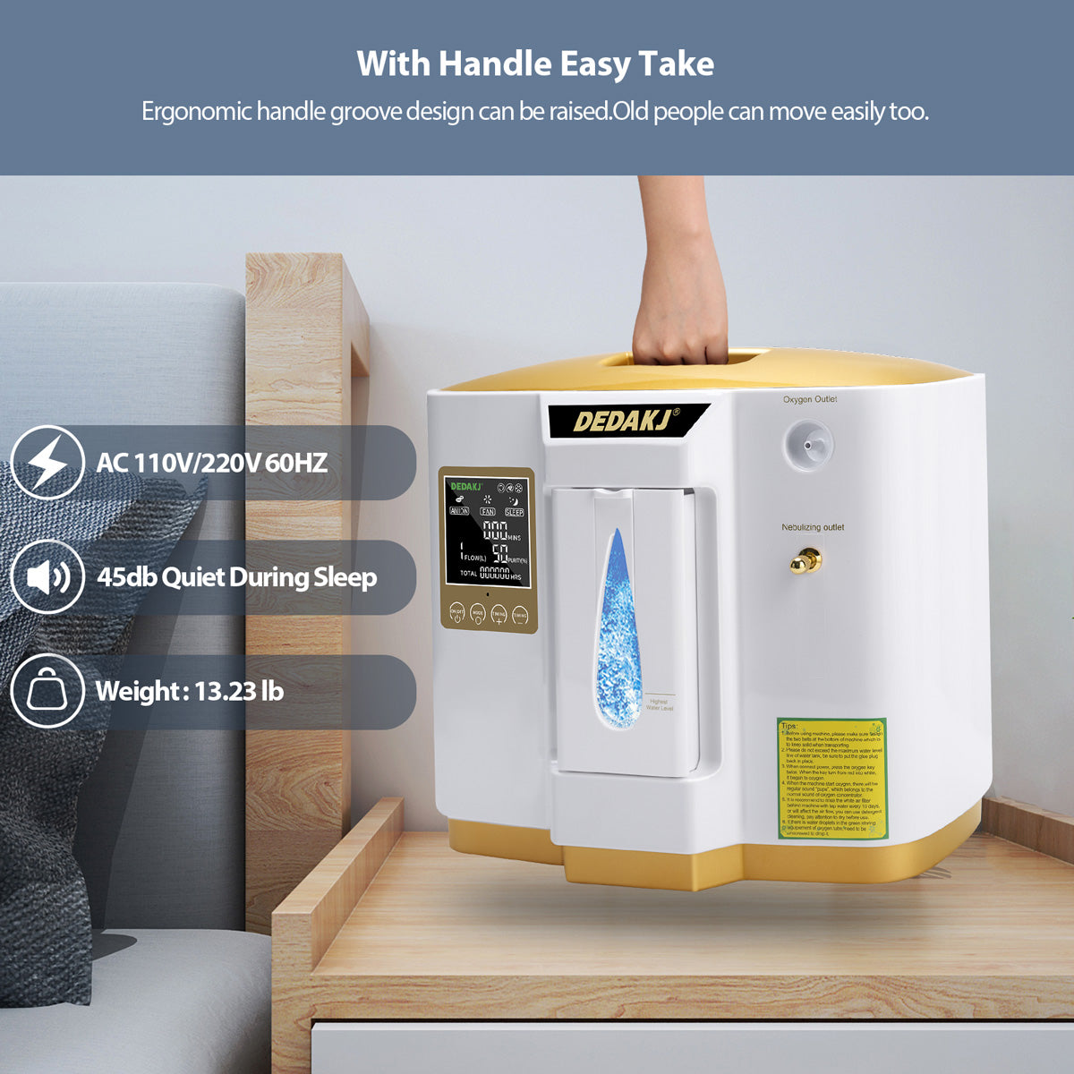 Generador portátil restaurado del oxígeno 7L del concentrador DEDAKJ 93% del oxígeno con la función del nebulizador 110V/220V DE-1LW